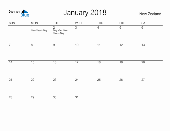 Printable January 2018 Calendar for New Zealand