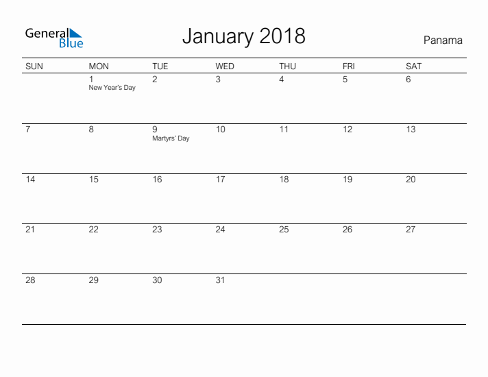 Printable January 2018 Calendar for Panama