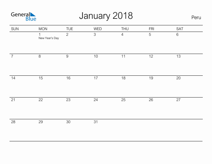 Printable January 2018 Calendar for Peru