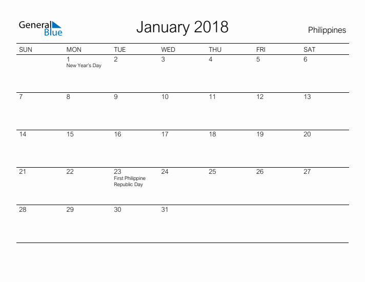Printable January 2018 Calendar for Philippines