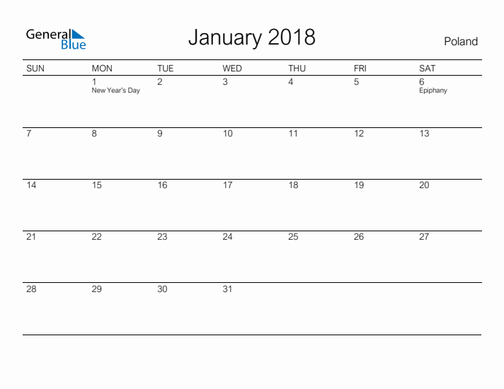 Printable January 2018 Calendar for Poland