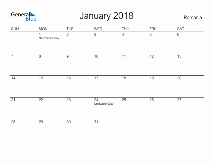 Printable January 2018 Calendar for Romania