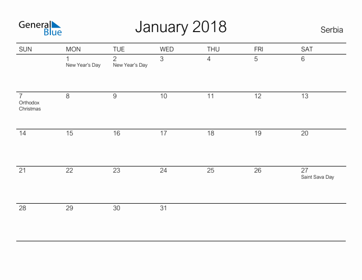 Printable January 2018 Calendar for Serbia