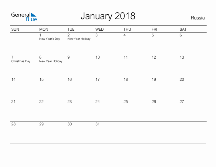 Printable January 2018 Calendar for Russia