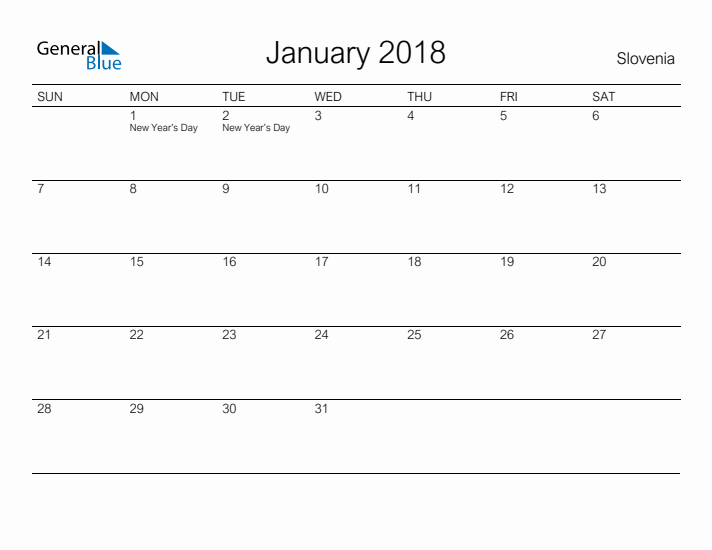 Printable January 2018 Calendar for Slovenia
