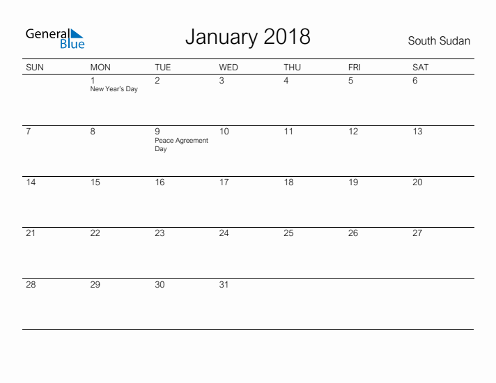 Printable January 2018 Calendar for South Sudan