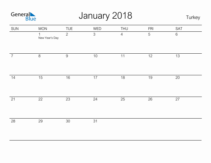Printable January 2018 Calendar for Turkey