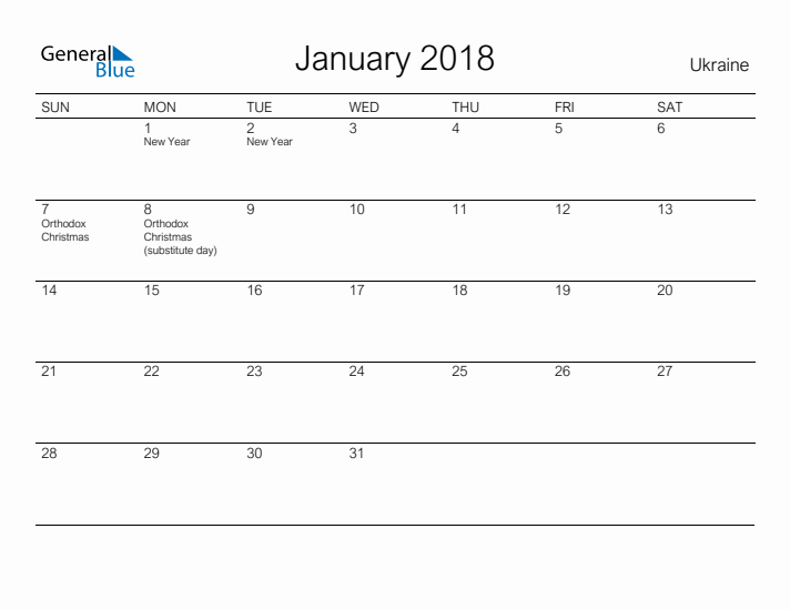 Printable January 2018 Calendar for Ukraine