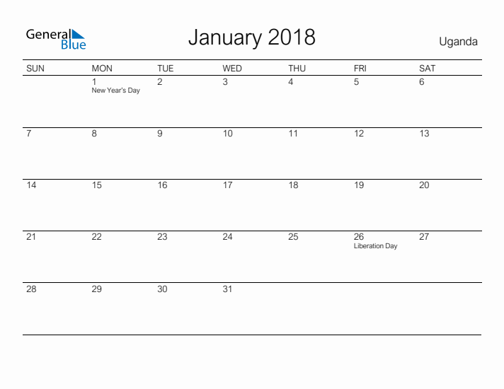 Printable January 2018 Calendar for Uganda