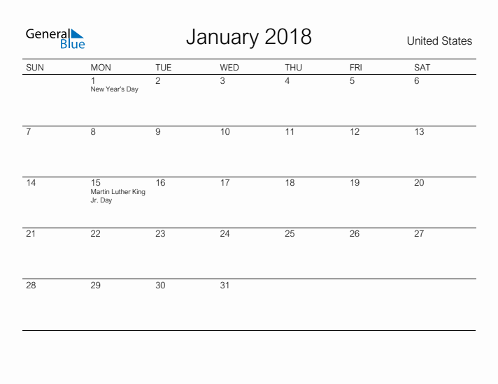 Printable January 2018 Calendar for United States