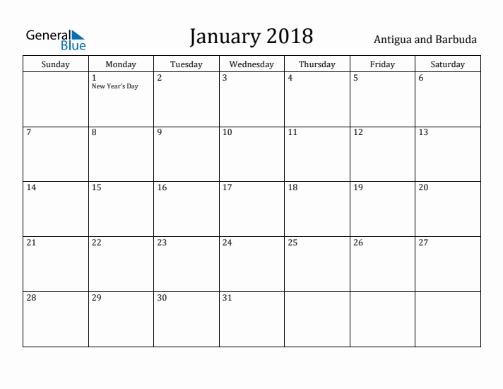 January 2018 Calendar Antigua and Barbuda