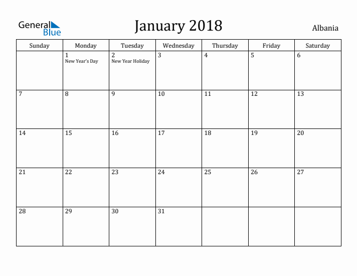 January 2018 Calendar Albania