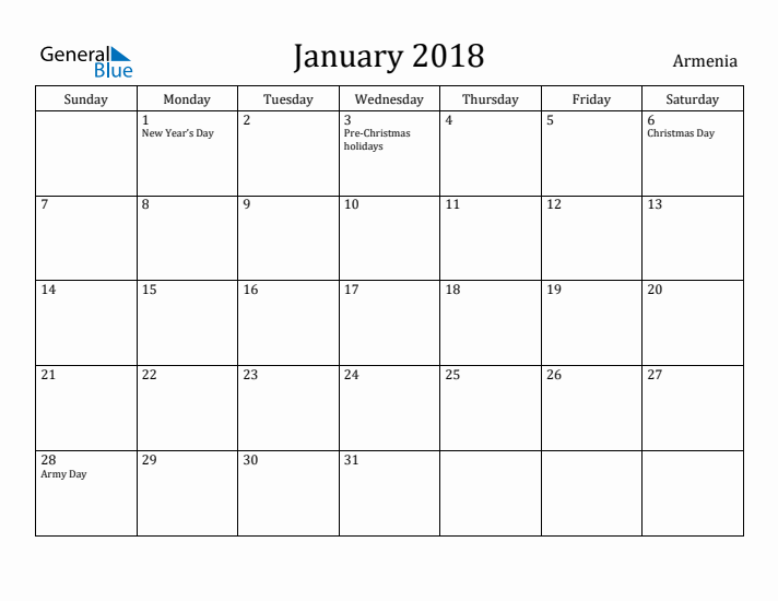 January 2018 Calendar Armenia