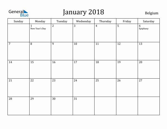 January 2018 Calendar Belgium