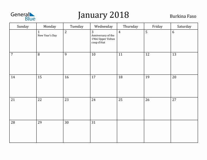 January 2018 Calendar Burkina Faso