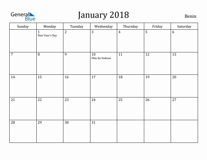 January 2018 Calendar Benin