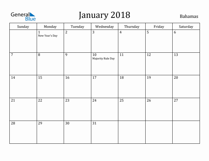 January 2018 Calendar Bahamas