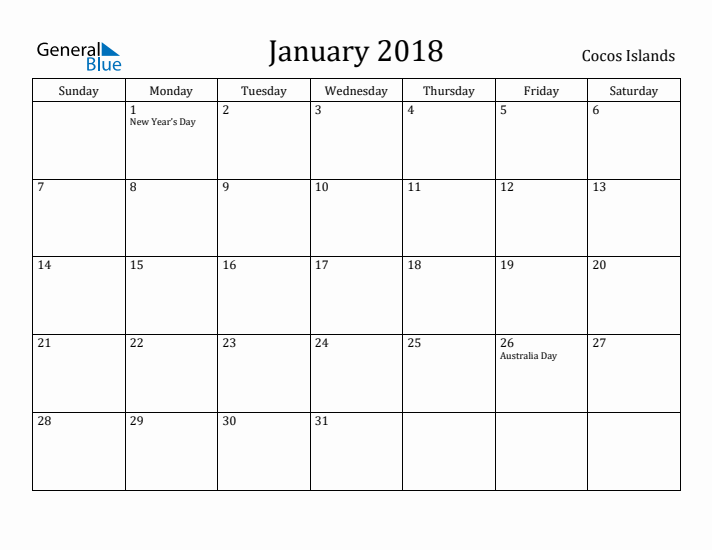 January 2018 Calendar Cocos Islands