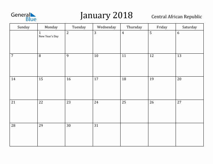 January 2018 Calendar Central African Republic