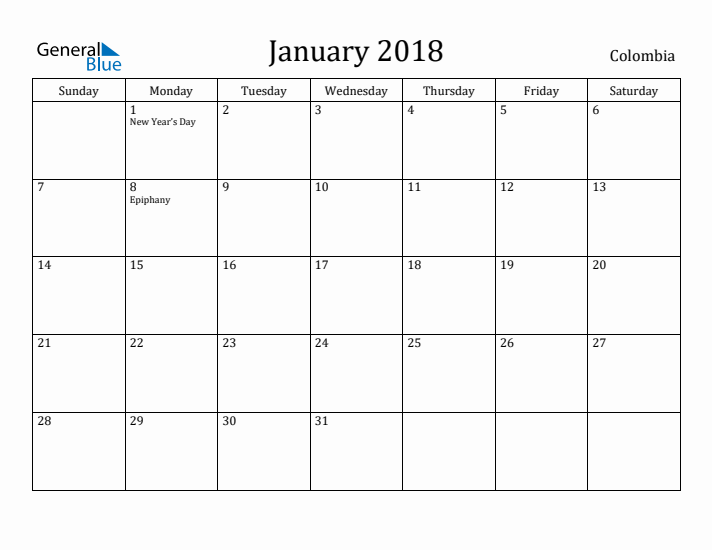 January 2018 Calendar Colombia