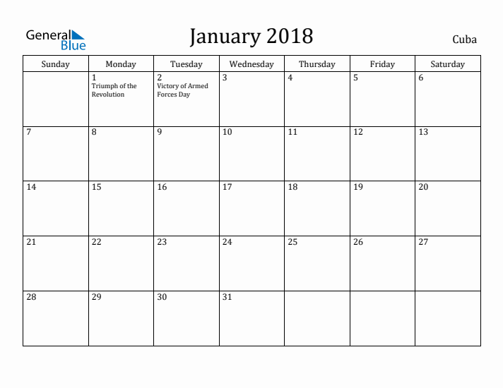 January 2018 Calendar Cuba