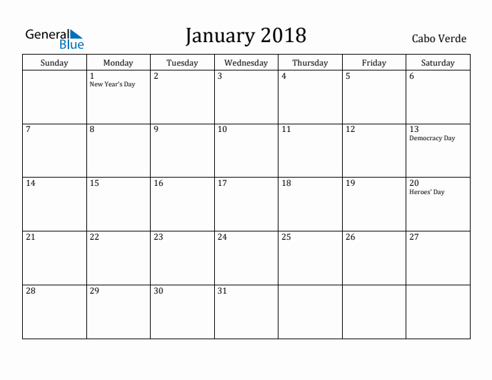 January 2018 Calendar Cabo Verde