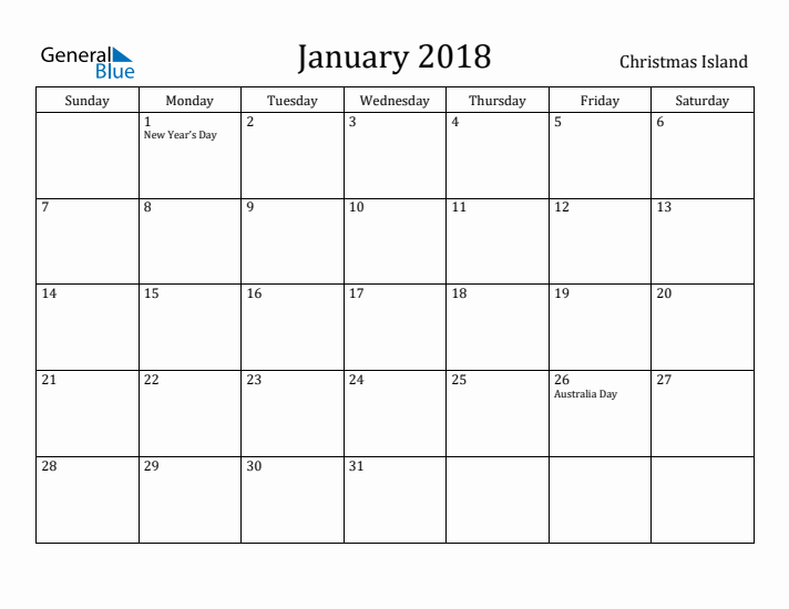 January 2018 Calendar Christmas Island