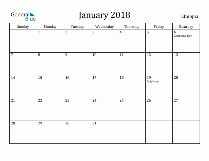 January 2018 Calendar Ethiopia