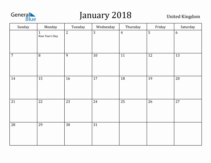 January 2018 Calendar United Kingdom