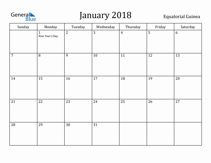 January 2018 Calendar Equatorial Guinea