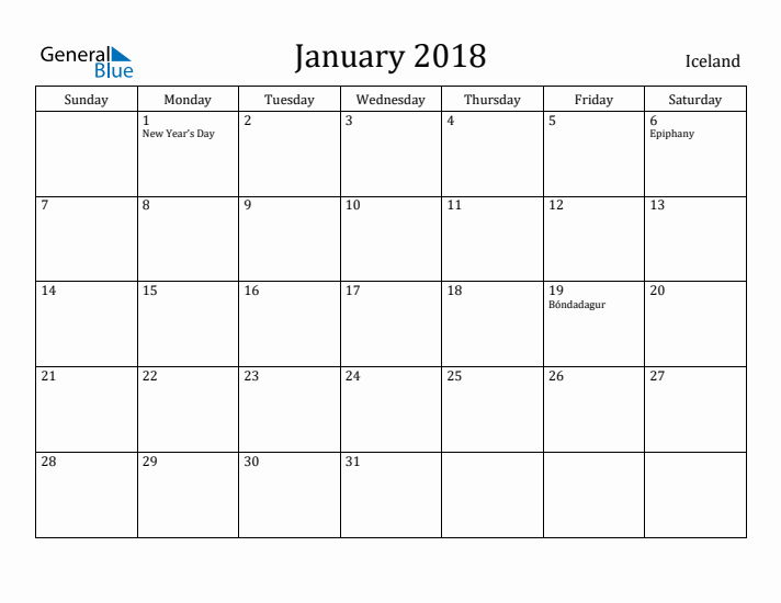 January 2018 Calendar Iceland