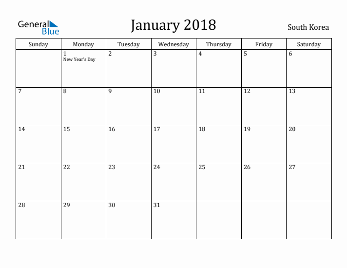 January 2018 Calendar South Korea