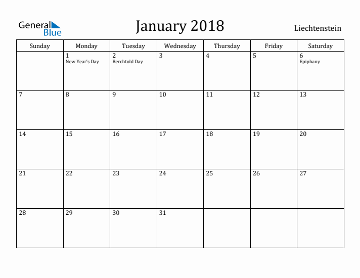 January 2018 Calendar Liechtenstein