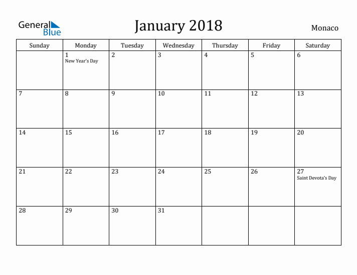 January 2018 Calendar Monaco