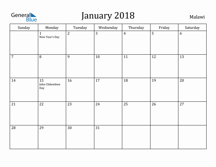 January 2018 Calendar Malawi