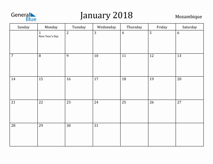 January 2018 Calendar Mozambique