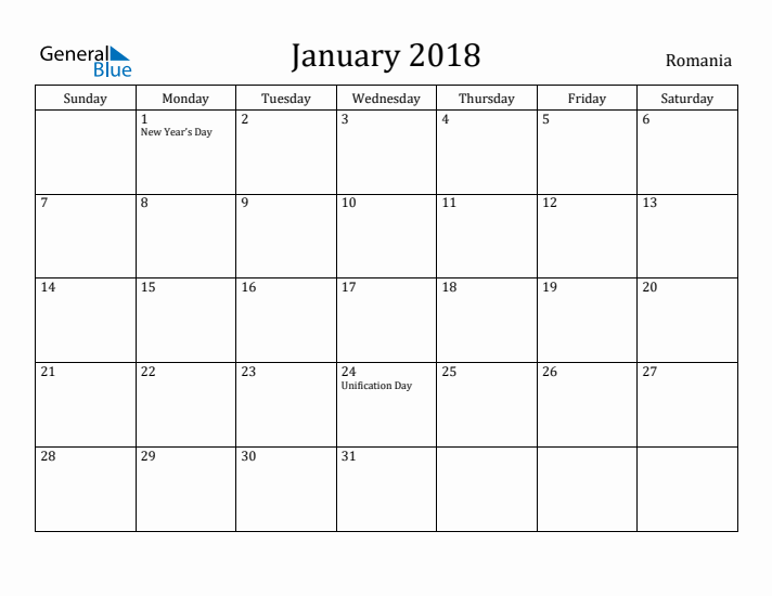 January 2018 Calendar Romania
