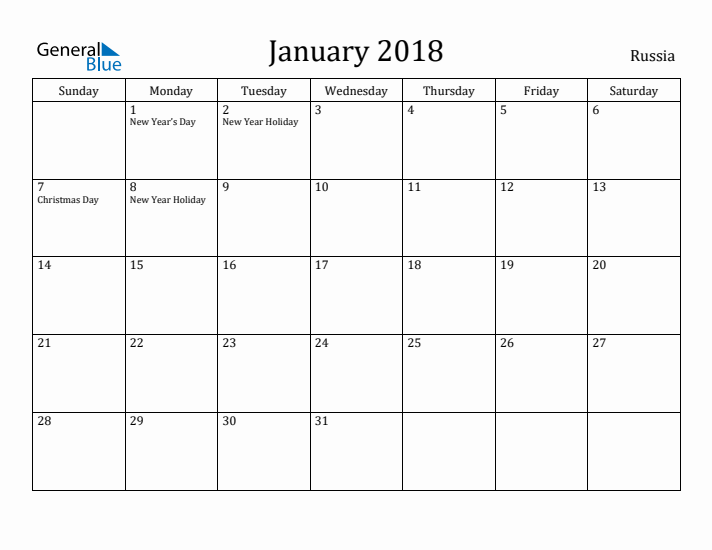 January 2018 Calendar Russia
