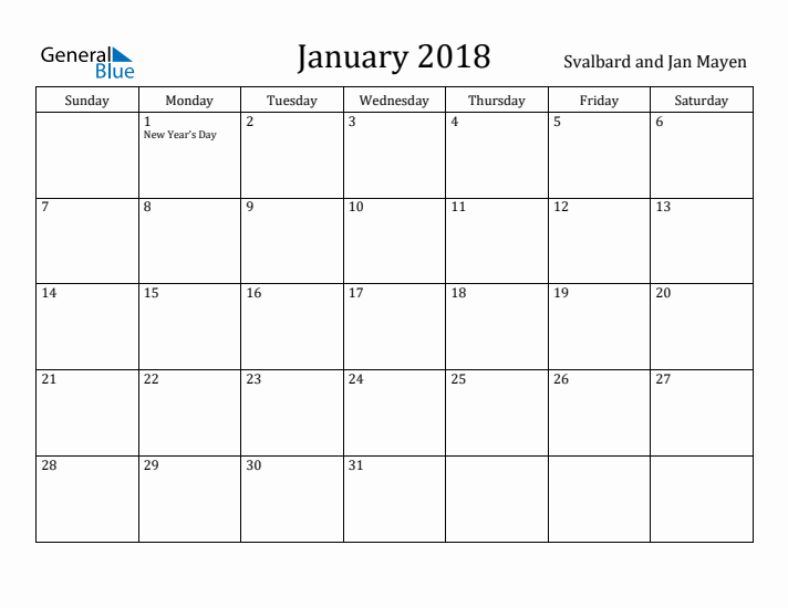 January 2018 Calendar Svalbard and Jan Mayen