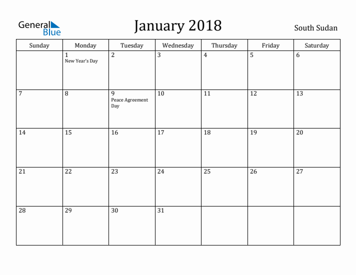 January 2018 Calendar South Sudan