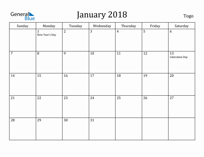 January 2018 Calendar Togo
