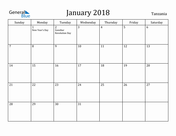 January 2018 Calendar Tanzania