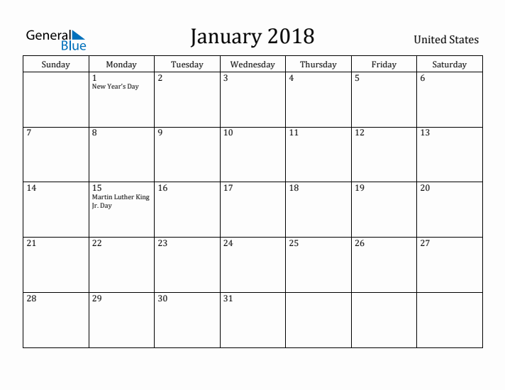 January 2018 Calendar United States