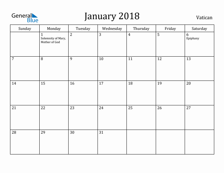 January 2018 Calendar Vatican