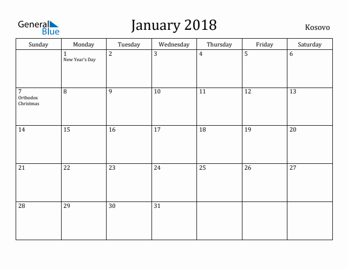 January 2018 Calendar Kosovo