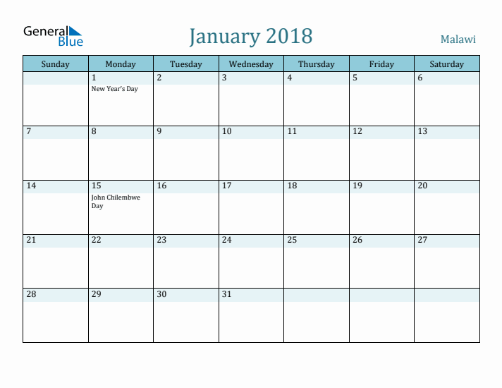 January 2018 Calendar with Holidays