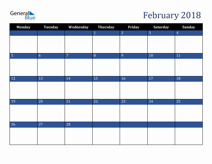 Monday Start Calendar for February 2018