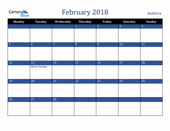 February 2018 Andorra Calendar (Monday Start)