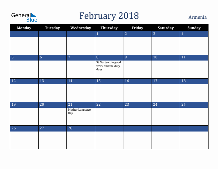 February 2018 Armenia Calendar (Monday Start)