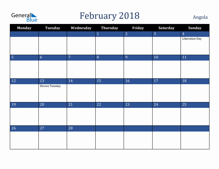 February 2018 Angola Calendar (Monday Start)